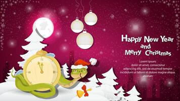 Illustration of the New Year and Christmas A snake wraps around a clock in a snowy clearing among the trees vector