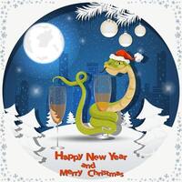 Illustration of the New Year and Christmas A snake wraps around a glass of drink at night among the fir trees in the snow in a clearing vector