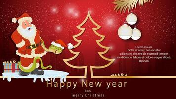 Illustration of the New Year and Christmas A snake wraps around Santa Claus next to a spruce tree in the form of a contour vector