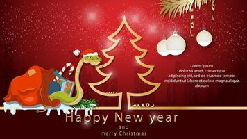 Illustration of the New Year and Christmas A snake crawls out of a gift bag next to a spruce tree in the form of an outline vector