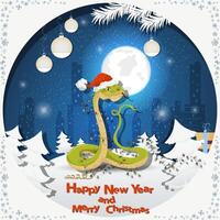 Illustration of the New Year and Christmas A snake wrapped in garlands at night among fir trees in the snow in a clearing vector