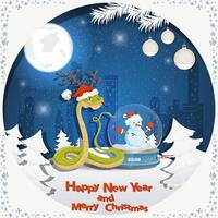 Illustration of the New Year and Christmas A snake next to a glass ball at night among fir trees in the snow in a clearing vector