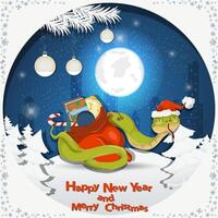 Illustration of the New Year and Christmas A snake wraps around a bag of gifts at night among the fir trees in the snow in a clearing vector