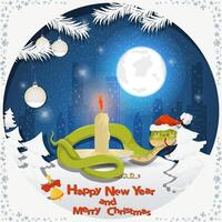 Illustration of the New Year and Christmas A snake wraps around a burning candle among fir trees in the snow in a clearing vector