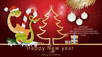 Illustration of the New Year and Christmas A snake wraps around a festive candy next to a spruce tree in the form of a contour vector