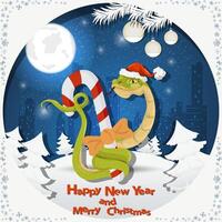 Illustration of the New Year and Christmas A snake wraps around a festive candy at night among the fir trees in the snow in a clearing vector
