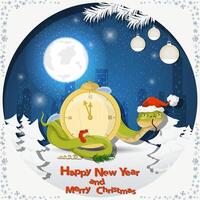 Illustration of the New Year and Christmas A snake wraps around the clock at night among the fir trees in the snow in a clearing vector