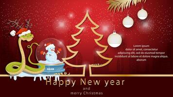 Illustration of the New Year and Christmas a snake with a glass ball next to a fir tree in the form of a contour vector