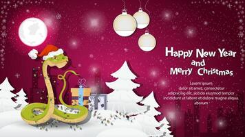 Illustration of the New Year and Christmas A snake wrapped in garlands in a snowy clearing among the trees vector