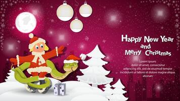 Illustration of the New Year and Christmas A snake wraps around a girl on skates in a snowy clearing among the trees vector