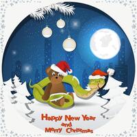 Illustration of the New Year and Christmas A snake wraps around a teddy bear toy at night among the fir trees in the snow in a clearing vector