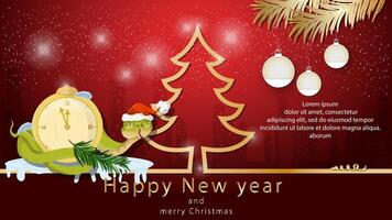 Illustration of the New Year and Christmas A snake wraps around a clock next to a fir tree in the form of an outline vector