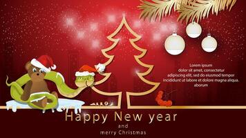 Illustration of the New Year and Christmas A snake wraps around a teddy bear toy next to a spruce tree in the form of a contour vector