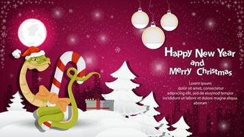 Illustration of the New Year and Christmas A snake wraps around a festive candy in a snowy clearing among the trees vector
