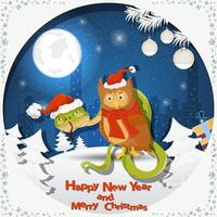Illustration of the New Year and Christmas a snake and an Owl in Santa hats among the fir trees in the snow in a clearing vector