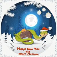 Illustration of the New Year and Christmas A snake wraps around a Christmas tree ball at night among the fir trees in the snow in a clearing vector