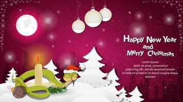 Illustration of the New Year and Christmas A snake wraps around a burning candle in a snowy clearing among the trees vector