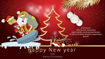 Illustration of the New Year and Christmas a snake and Santa Claus on a snowboard next to a spruce tree in the form of a contour vector