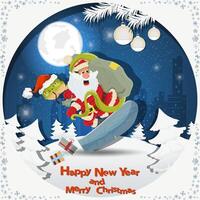 Illustration of the New Year and Christmas A snake and Santa snowboarding among fir trees in the snow in a clearing vector