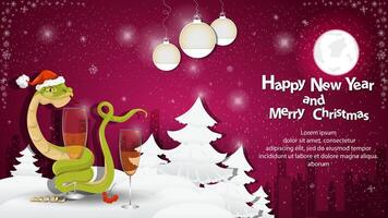 Illustration of the New Year and Christmas A snake wraps around a glass with a drink in a snowy clearing among the trees vector