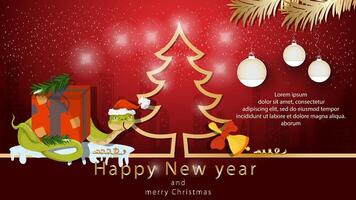 Illustration of the New Year and Christmas A snake wraps around a gift box next to a spruce tree in the form of an outline vector