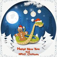 Illustration of the New Year and Christmas A snake wraps around a gingerbread man at night among the fir trees in the snow in a clearing vector