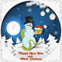 Illustration of the New Year and Christmas A snake wraps around a snowman at night among the fir trees in the snow in a clearing vector