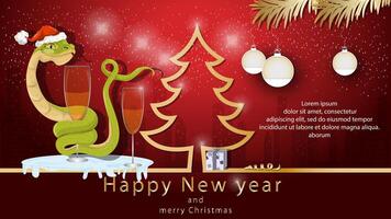 Illustration of the New Year and Christmas A snake wraps around a glass with a drink next to a spruce tree in the form of a contour vector