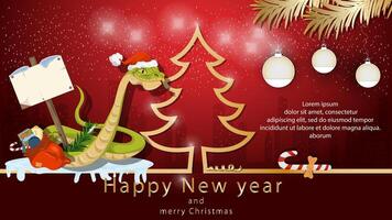 Illustration of the New Year and Christmas A snake holding a wooden sign next to a spruce tree in the form of an outline vector