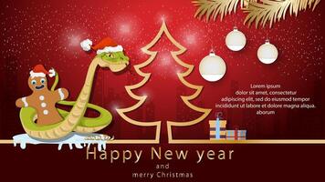 Illustration of the New Year and Christmas A snake wraps around a gingerbread man next to a spruce tree in the form of a contour vector