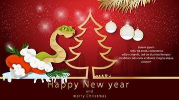 Illustration of the New Year and Christmas A snake crawls out of Santa Claus next to a spruce tree in the form of a contour vector