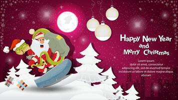 Illustration of the New Year and Christmas a snake and Santa Claus on a snowboard in a snowy clearing among the trees vector