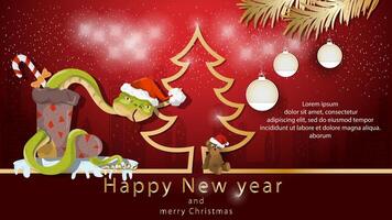 Illustration of the New Year and Christmas A snake crawls out of a gift sock next to a spruce tree in the form of a contour vector