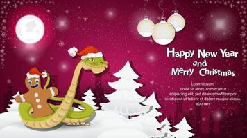 Illustration of the New Year and Christmas A snake wraps around a gingerbread man at night in a snowy clearing among the trees vector