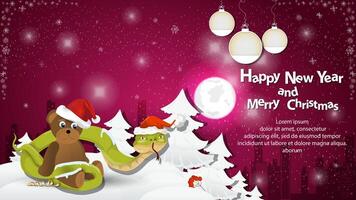 Illustration of the New Year and Christmas A snake wraps around a bear toy in a snowy clearing among the trees vector