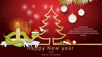 Illustration of the New Year and Christmas A snake wraps around a candle next to a fir tree in the form of an outline vector