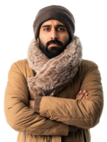 A man with a beard and a beanie wearing a winter jacket png