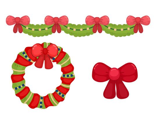 New Year decorations for home and interior for Christmas. Decoration color illustration. Bow, Christmas wreath and garland with bows and branches of pine foliage