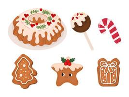 Set with illustrations of sweets for Christmas and New Year. Cupcake, sweets, gingerbread, candycane in flat style. vector