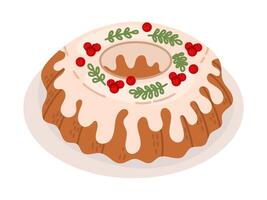 Large Christmas cake with cream and winter berries on a plate. New Year's dish, color illustration vector
