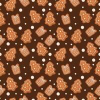Seamless flat pattern on a brown background with New Year elements gingerbread, Christmas tree and gift. Bright details create a cozy and festive mood, ideal for textiles, packaging and decor. vector