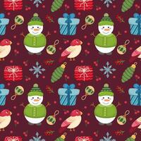 Seamless winter pattern in flat style on a burgundy background with snowmen, birds, snowflakes, berries, gifts and New Year's toys. Ideal for textiles, packaging vector