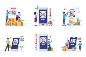 People paying with QR code in supermarket, clothing store and hardware store. vector
