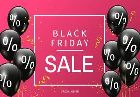 Black Friday Sale poster or web banner design with glossy black balloons and confetti on pink background vector