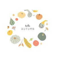 Hello Autumn illustration with text and seasonal vegetables isolated on white background. Pumpkin round wreath frame with leaves in flat style vector