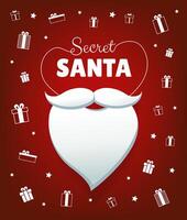 Secret Santa banner design with white beard and gifts on red background. Anonymous gift exchange for Christmas vector