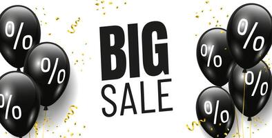 Big sale banner design with black balloons and golden confetti on white background vector