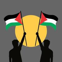 Two silhouetted figures raise Palestinian flags against a backdrop of a yellow circle on a grey background, symbolizing unity and hope vector