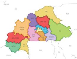 illustrated map of Burkina Faso with regions and administrative divisions, and neighbouring countries and territories. Editable and clearly labeled layers. vector