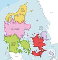 illustrated map of Denmark with regions and administrative divisions, and neighbouring countries and territories. Editable and clearly labeled layers. vector